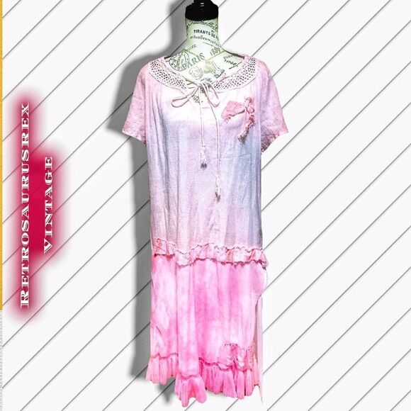 Custom Pink Tie Dye Shabby Chic Upcycled Boho Drop Waist Dress, Kate Blossom XL - Picture 7 of 9
